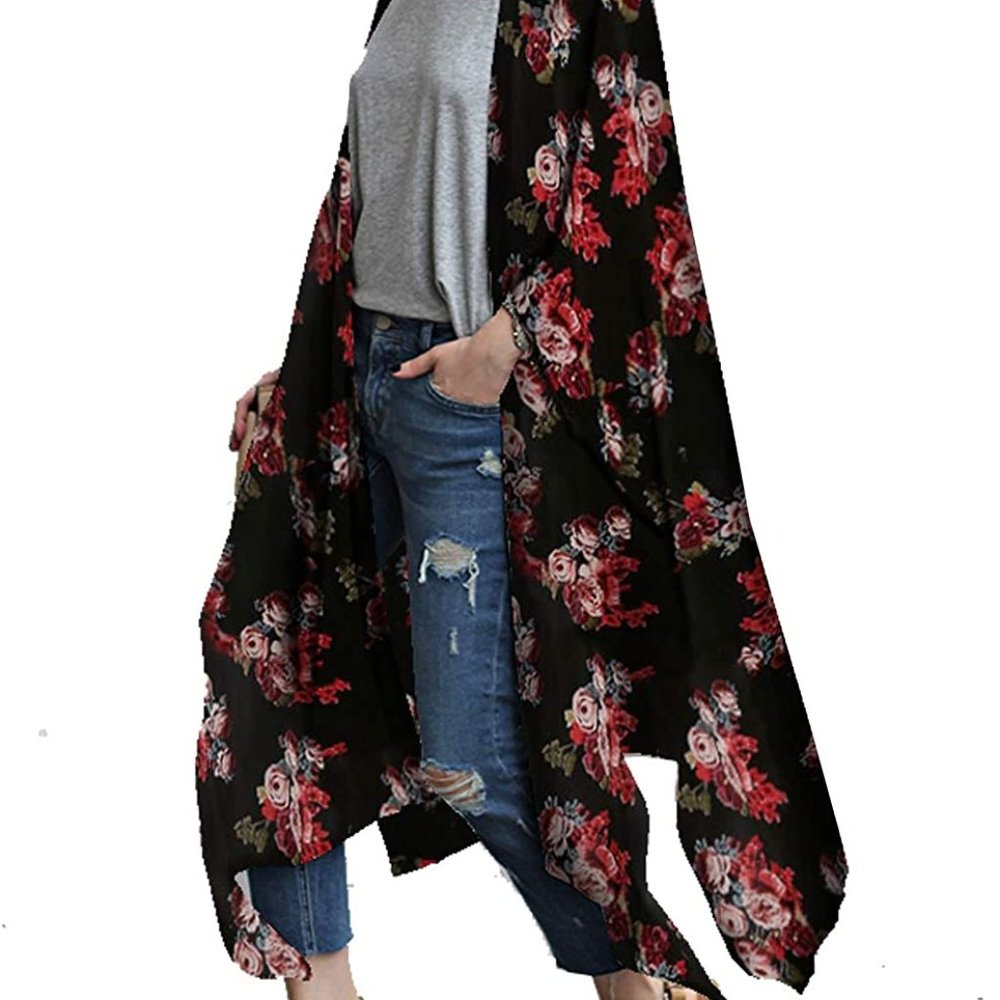 Sheer Chiffon Floral Kimono- Black and Red Floral